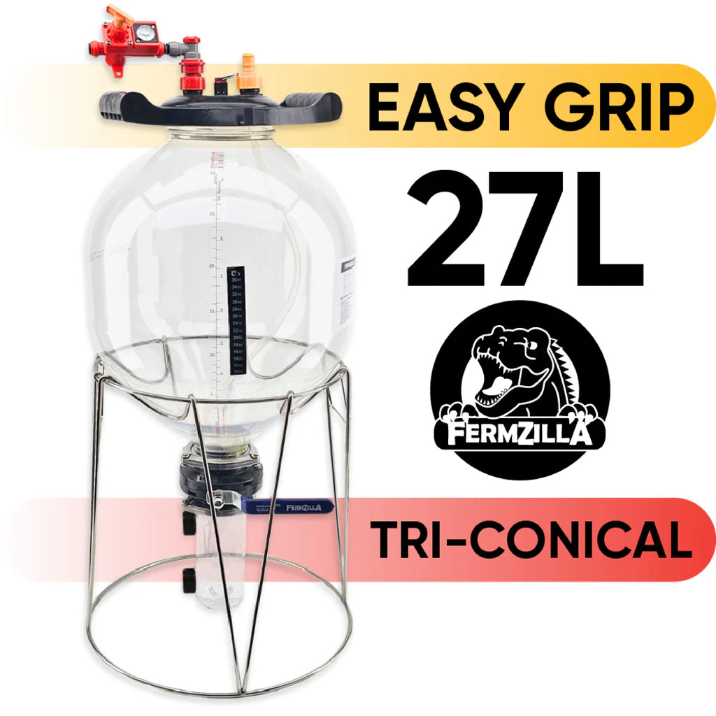 FermZilla 27L Tri-Conical Easy-Grip fermenter in a metal stand, with Easy Grip and Tri-Conical labels