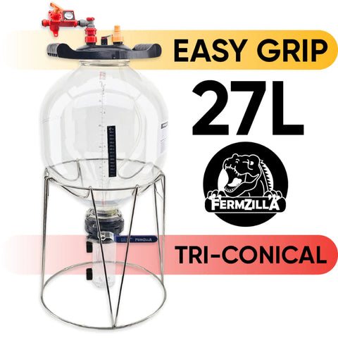 FermZilla 27L Tri-Conical Easy-Grip fermenter in a metal stand, with Easy Grip and Tri-Conical labels