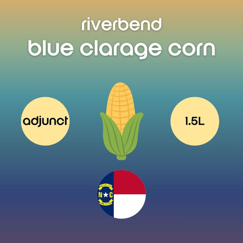 Advertisement for riverbend blue clarage corn with corn illustration and text on a gradient background