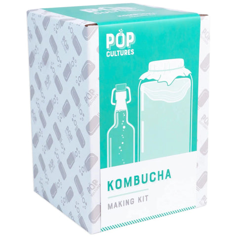Kombucha making kit packaging with 'Pop Cultures' branding on a white background