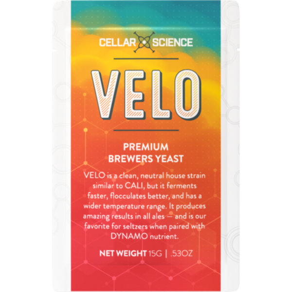 VELO yeast sachet, red to teal gradient, white block lettering