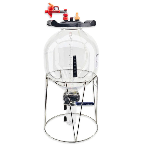 Clear FermZilla 27L conical fermenter with spunding valve, bottom collection container, and metal stand.