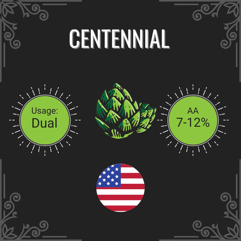 Product label with 'Centennial' branding, green hop illustration, and American flag on a black background.