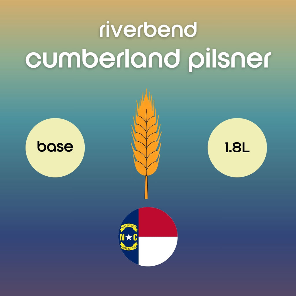 Riverbend Cumberland Pilsner label with wheat stalk, lovibond 1.8, and North Carolina flag on a gradient background.