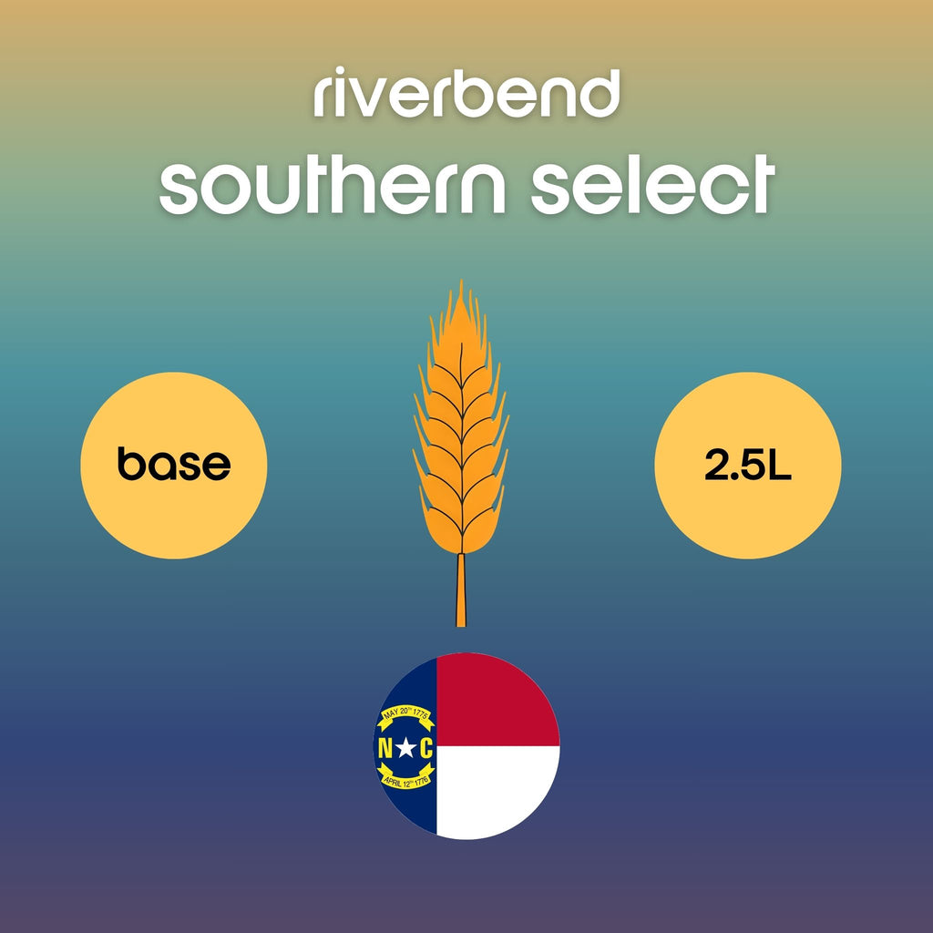 Riverbend Southern Select label with wheat stalk, volume indicator, and North Carolina state flag on a gradient background.