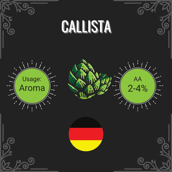 Callista product information with green hop illustration and German flag on a black background