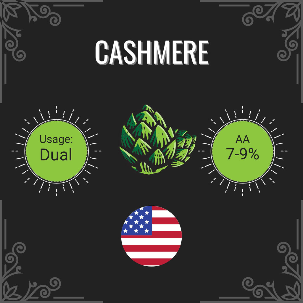 Cashmere hops product information with usage, AA percentage, and American flag on a black background