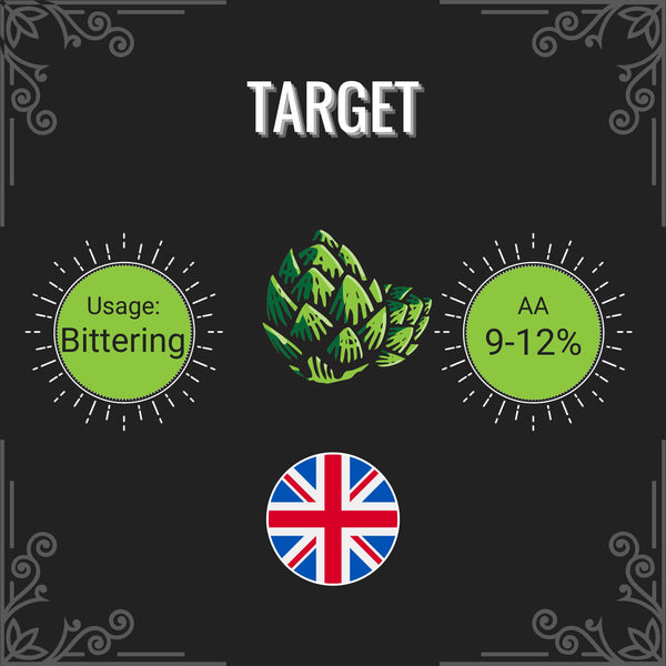 Target hops label with green hop illustration, usage description, and AA percentage on a black background.