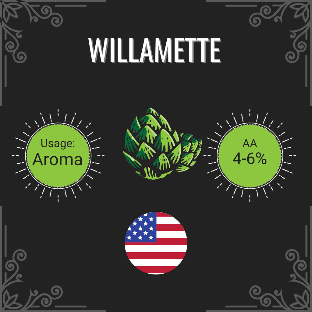 Willamette hopa label with green hop illustration, usage details, and American flag on a black background.
